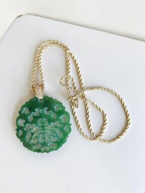 Vintage Huge Carved Jade Pendant Necklace